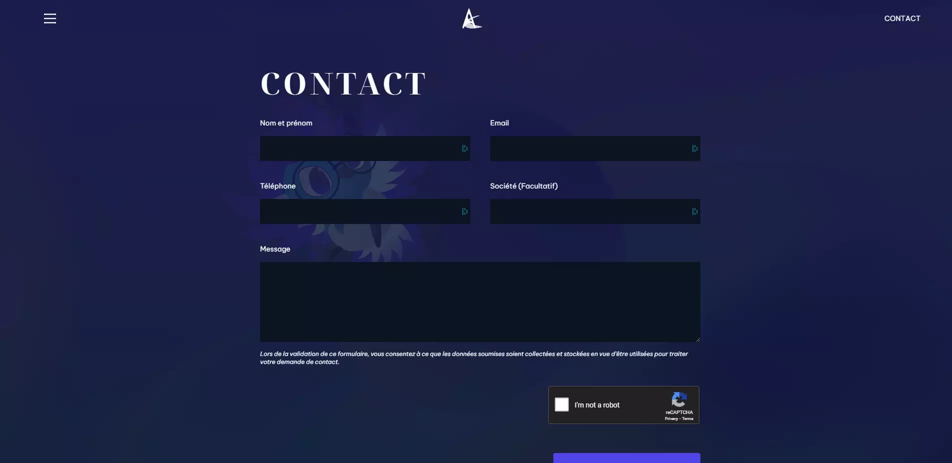 Image of a dark blue web page displaying a professional contact form with fields for name, email, telephone, company, and message, as well as a reCAPTCHA checkbox and French text on data use terms.