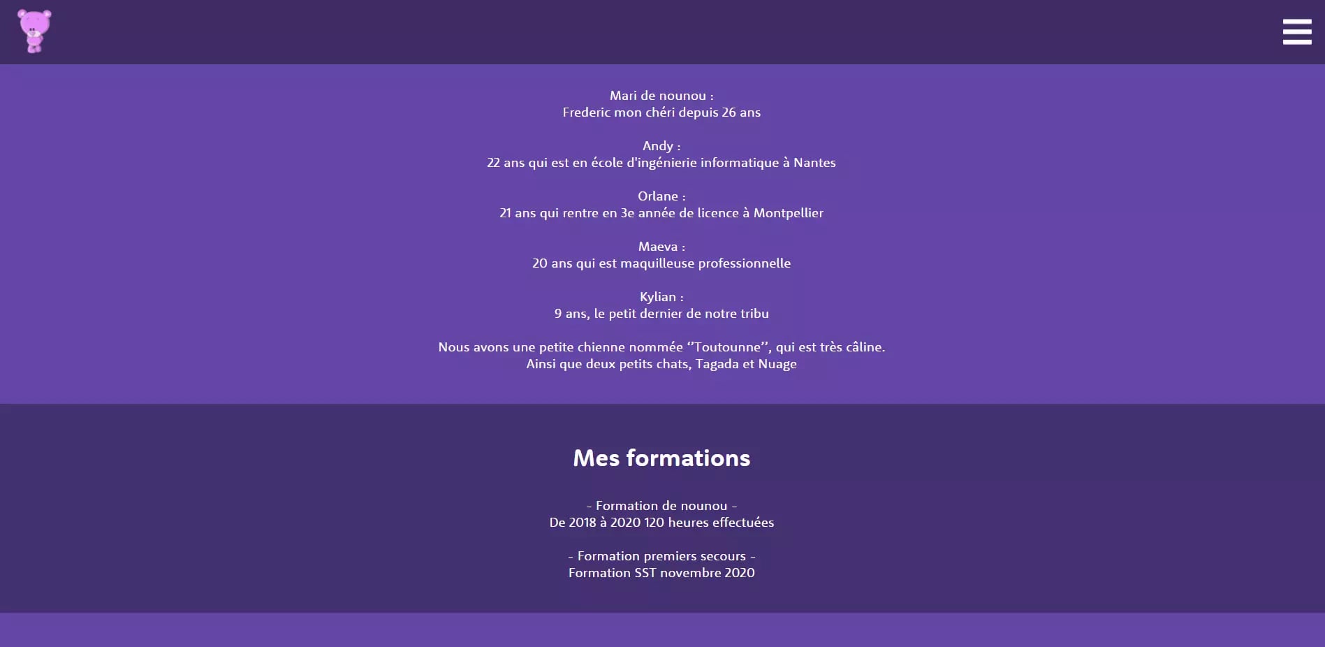 Screenshot of a webpage with French text describing family members' ages, occupations, and pets, as well as the owner's childcare and first aid training completed in 2020 and November 2020 respectively.
