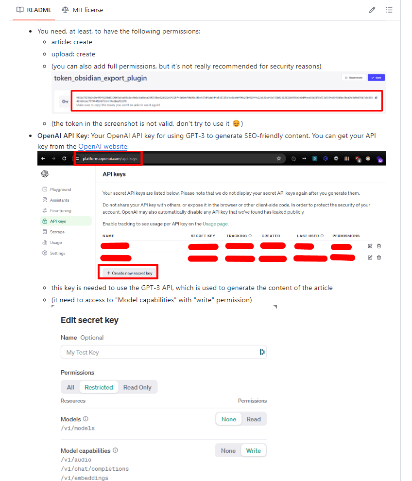 Screenshot of webpage with instructions for setting up API keys for using OpenAI's GPT-3 to generate content.