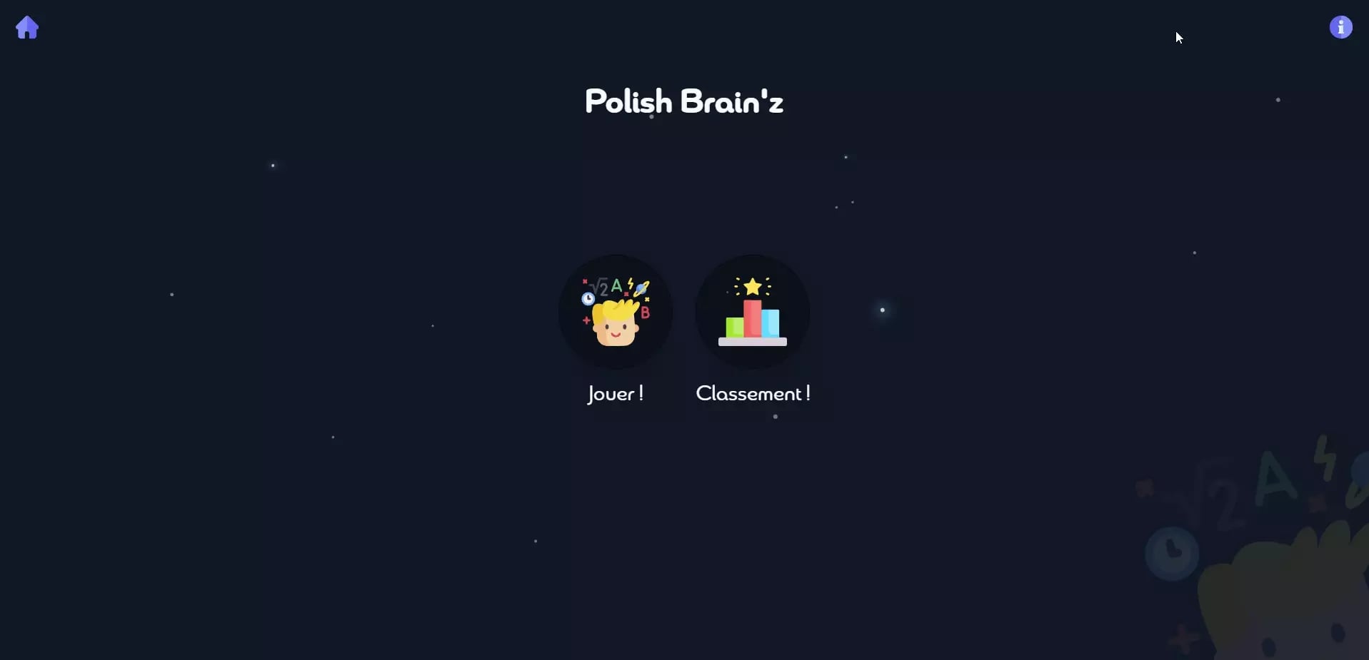 Screenshot of a digital interface with title 'Polish Brain'z', two circular icons labeled 'Play' and 'Ranking', and navigation icons against a starry sky background