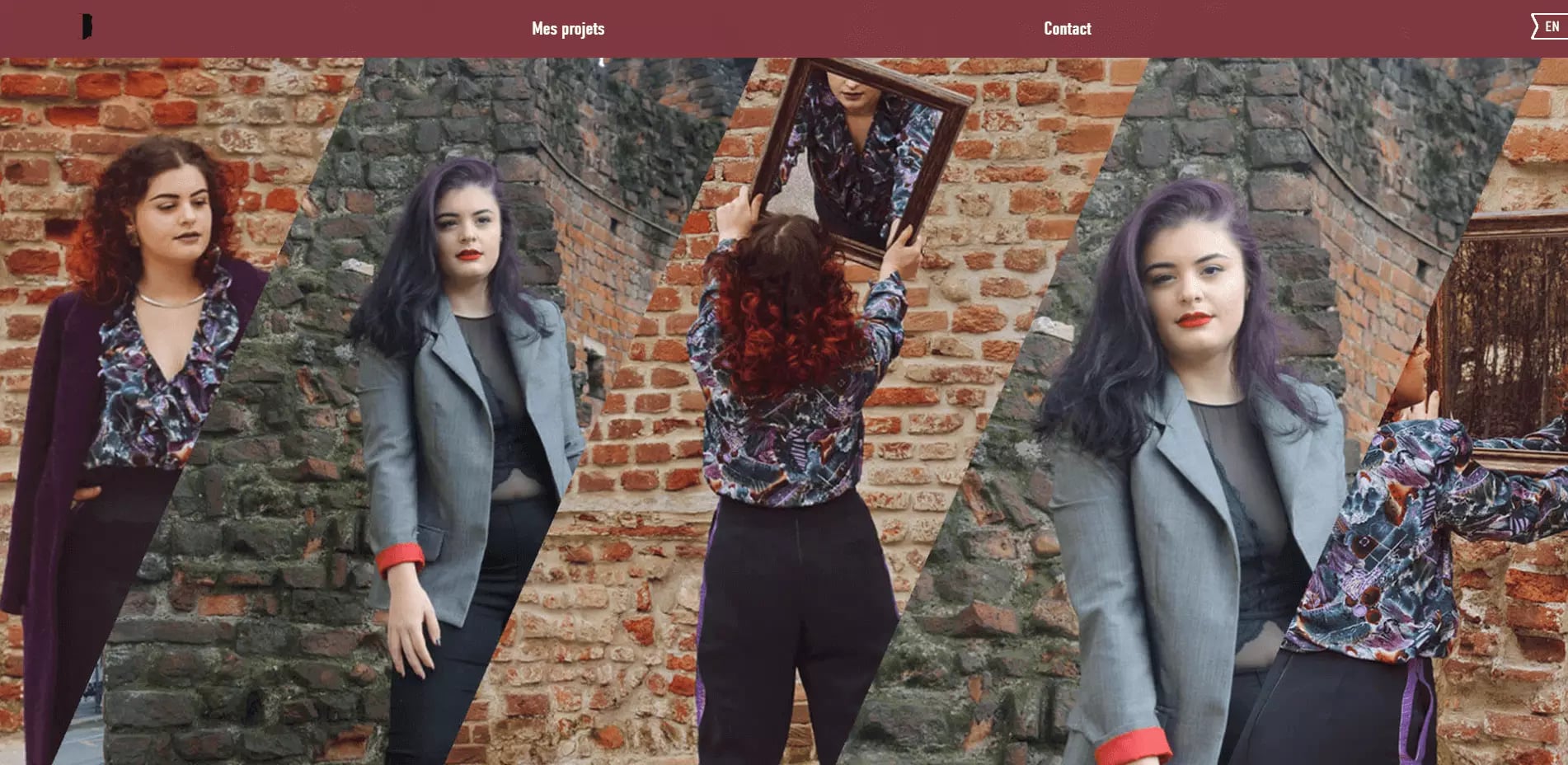 Collage of three photos featuring a woman in different poses against a brick wall background