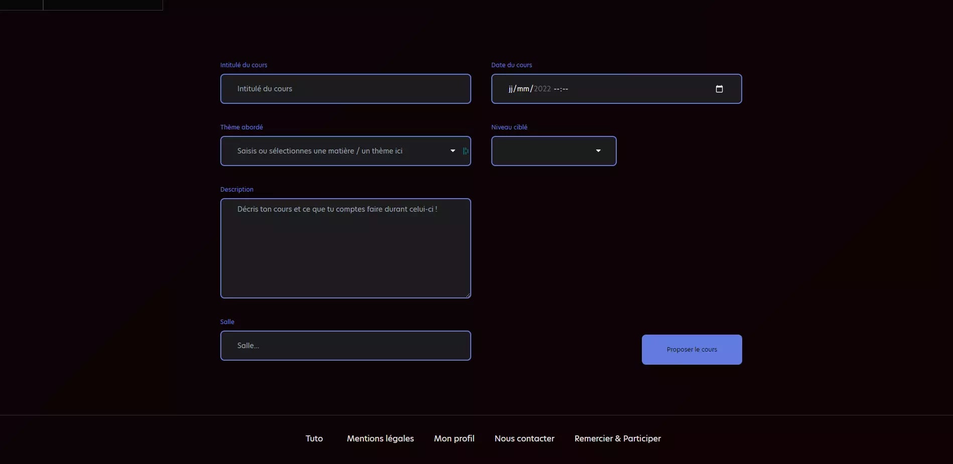 Dark-themed web form for entering course details in French