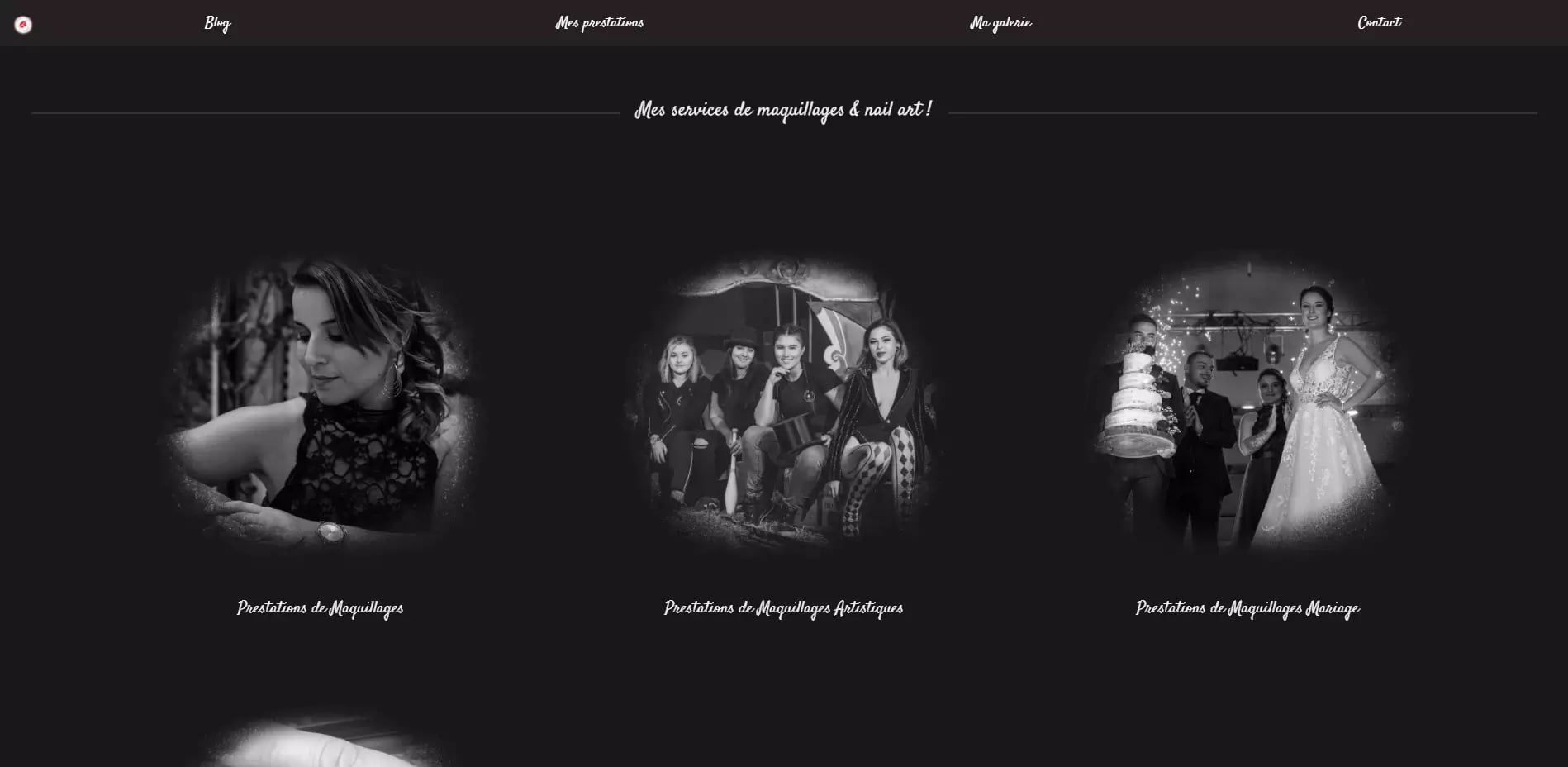 A screenshot of a website's gallery section featuring makeup and nail art services, with three black-and-white photographs showcasing different makeup styles: everyday makeup, artistic makeup, and wedding makeup.