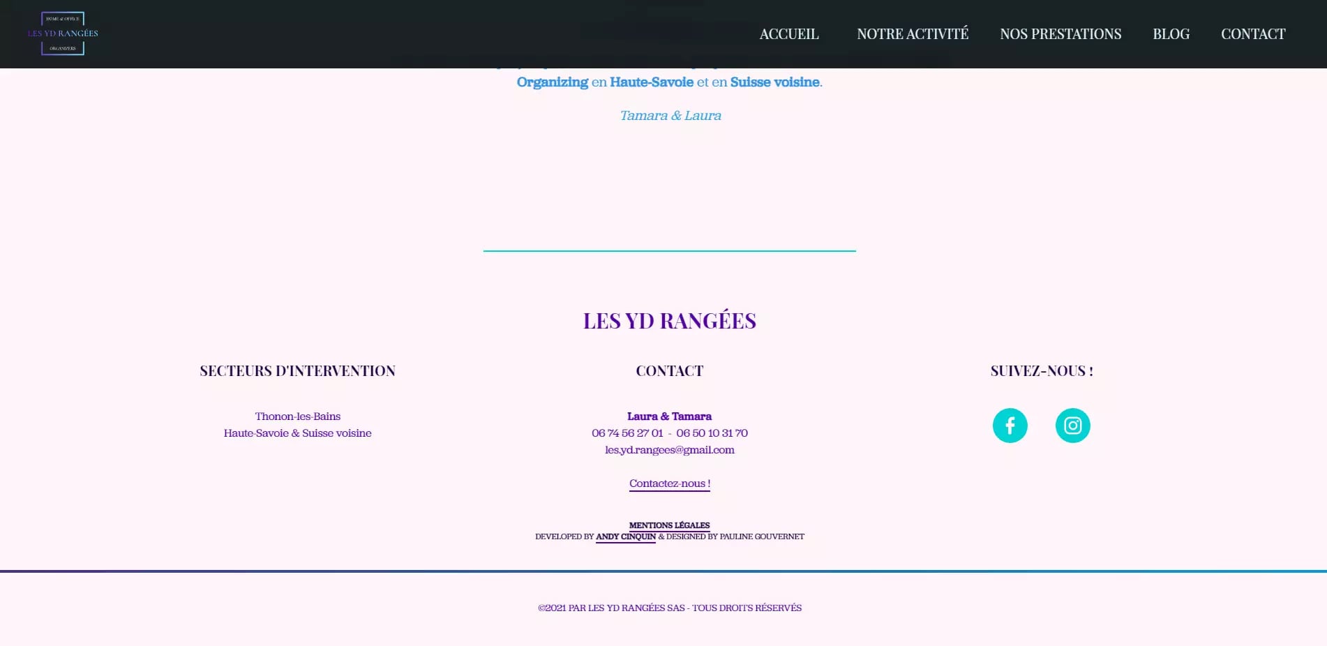 LES YD RANGÉES website footer with contact information and social media links