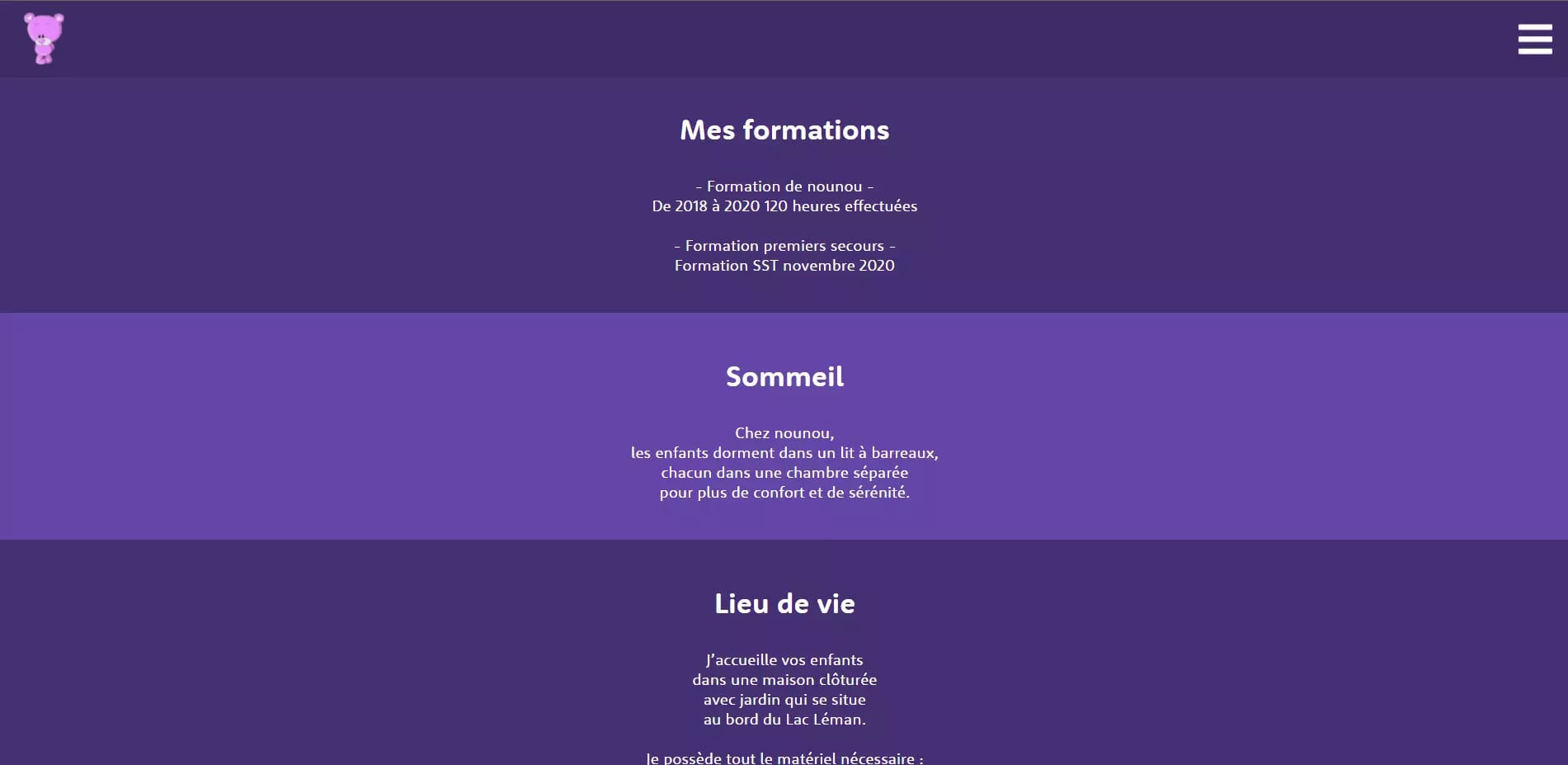 Screenshot of a child care provider website in French, featuring sections on training, sleep, and living environment
