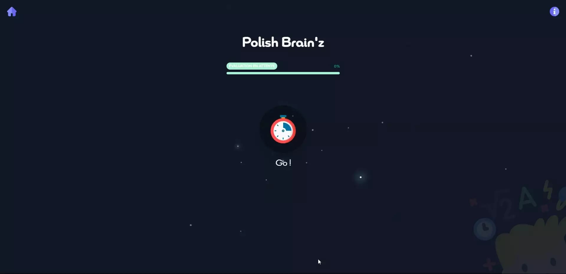 Dark screen with space-themed background featuring 'Polish Brain'z' title, start button, progress bar, and French text indicating evaluation pending
