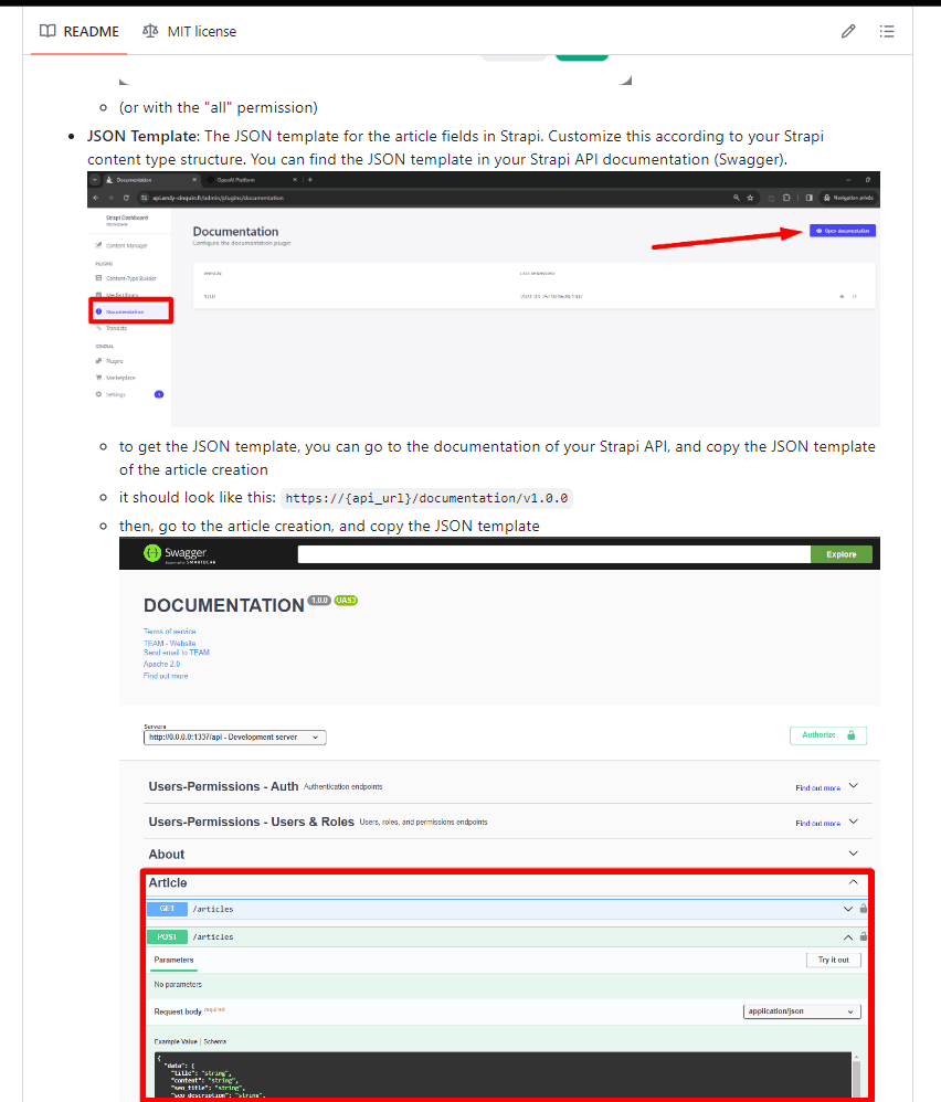 Screenshot of a README file on a GitHub page with instructions on how to find and use a JSON template for article fields in Strapi API documentation.