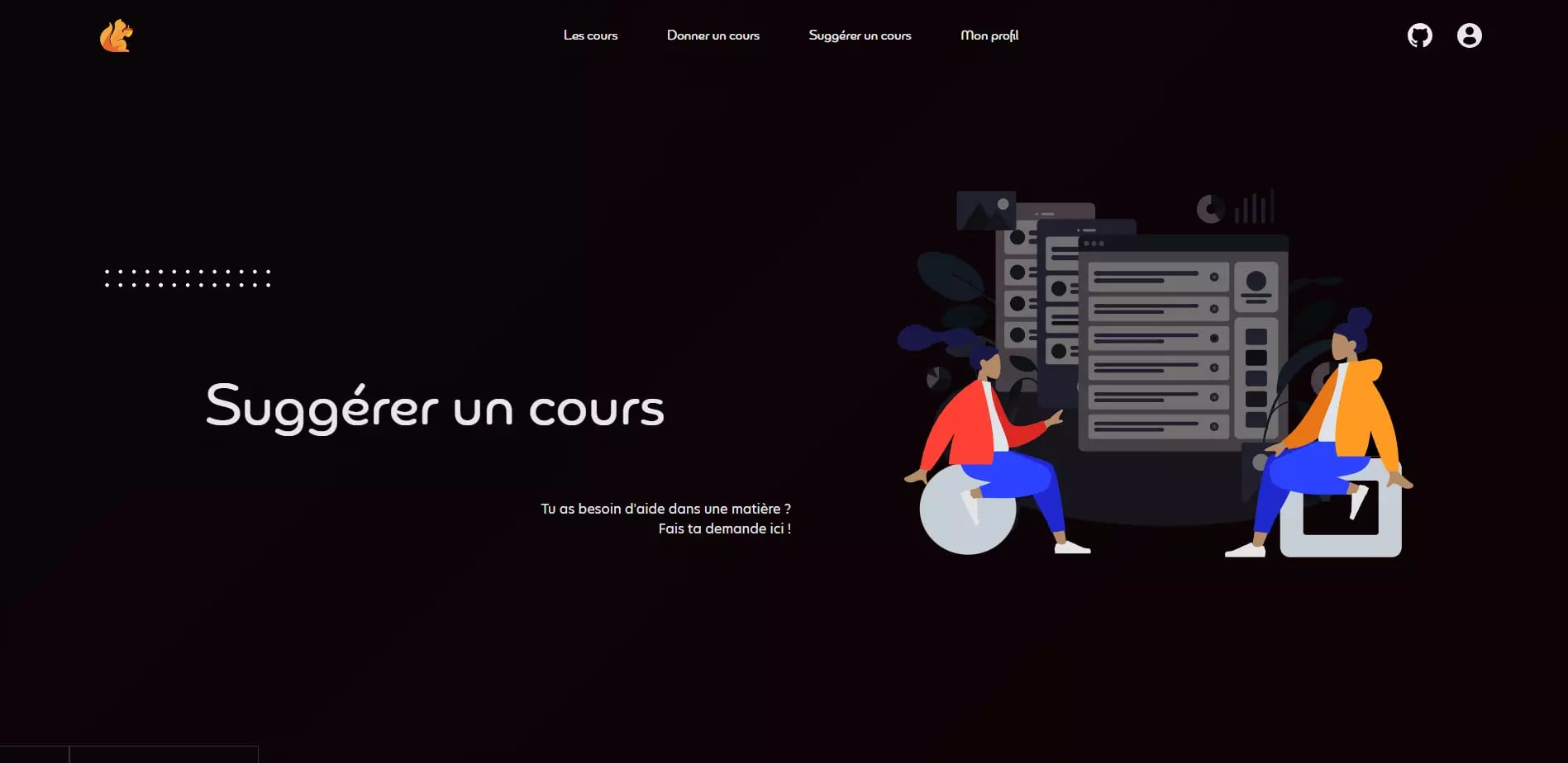 Stylized dark themed webpage with animated characters sitting on circular icons in front of a server stack. Header reads 'Suggest a course' with text inviting users to seek help and make requests.