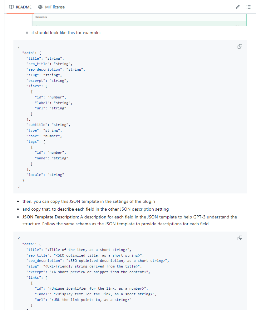 Screenshot of a code segment in a README file displaying a JSON template structure with fields like 'title,' 'seo_title,' and 'links,' alongside instructions on how to use the JSON template within a plugin's settings.