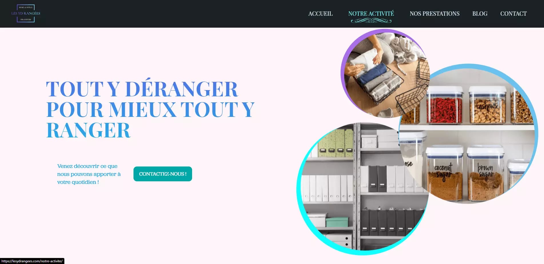 A screenshot of a French website promoting organization and storage solutions with neatly folded clothing and labeled food containers on shelves.