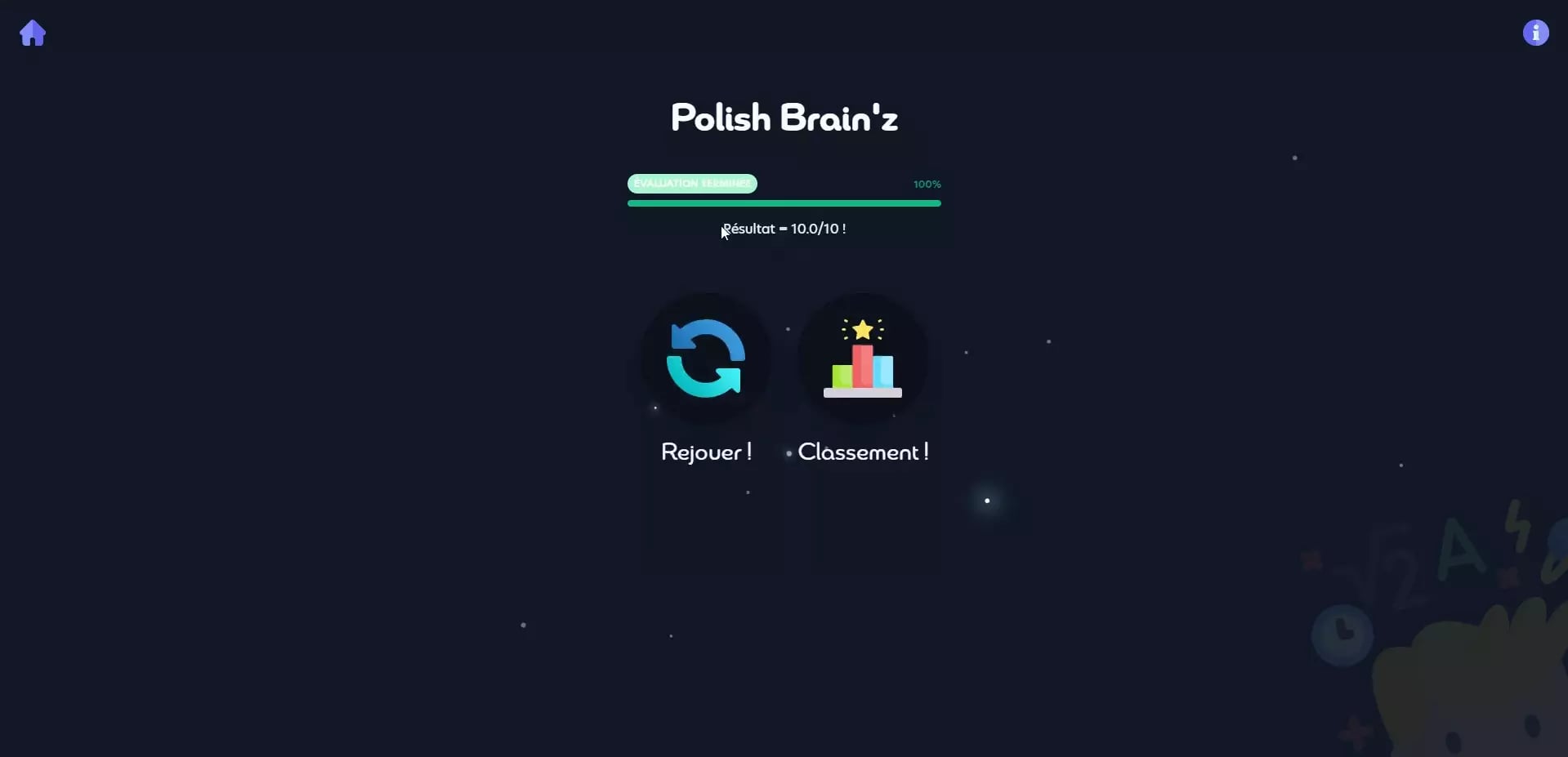 Image of a screen from the Polish Brain’z quiz game showing a perfect score message in French, with options to replay the game or view the leaderboard, set against a dark space-like background