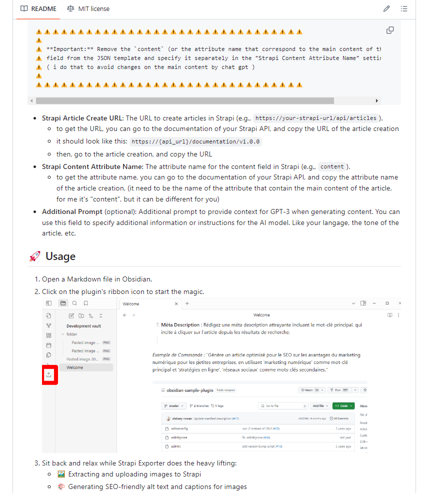 Screenshot of README file detailing how to configure a Strapi plugin for use with the Obsidian note-taking application.
