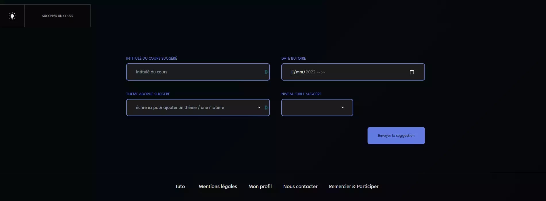 Dark-themed web interface with course suggestion form in French