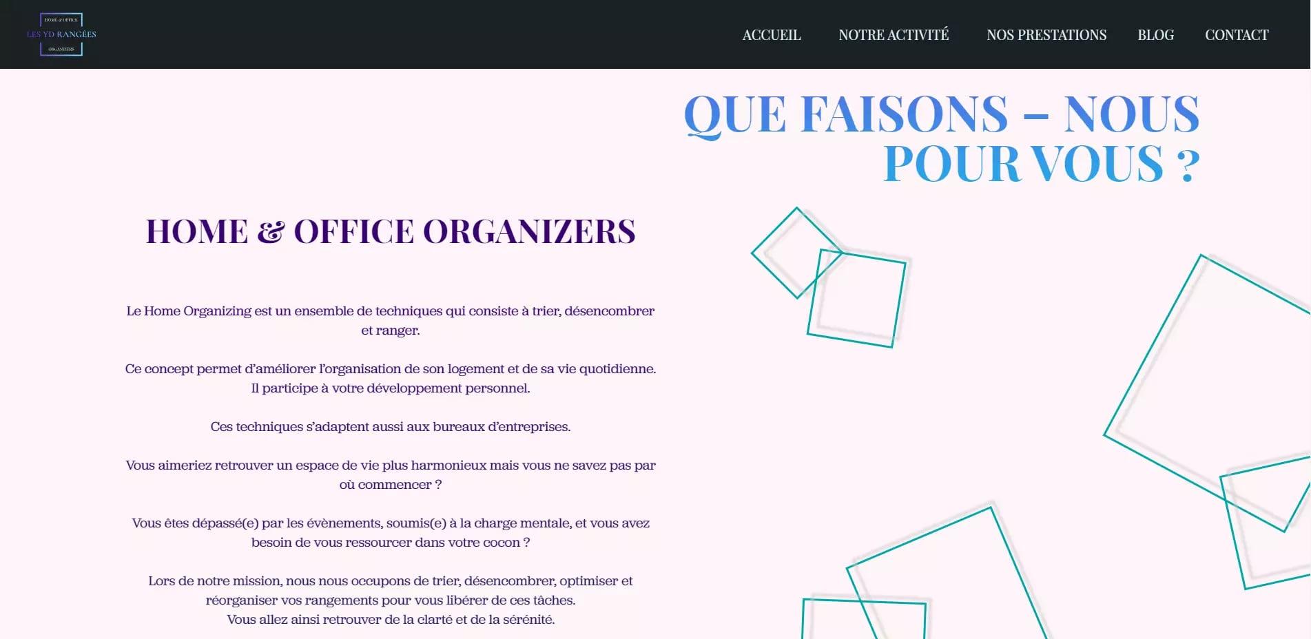 Screenshot of a French website discussing organizing techniques for decluttering and tidying up spaces