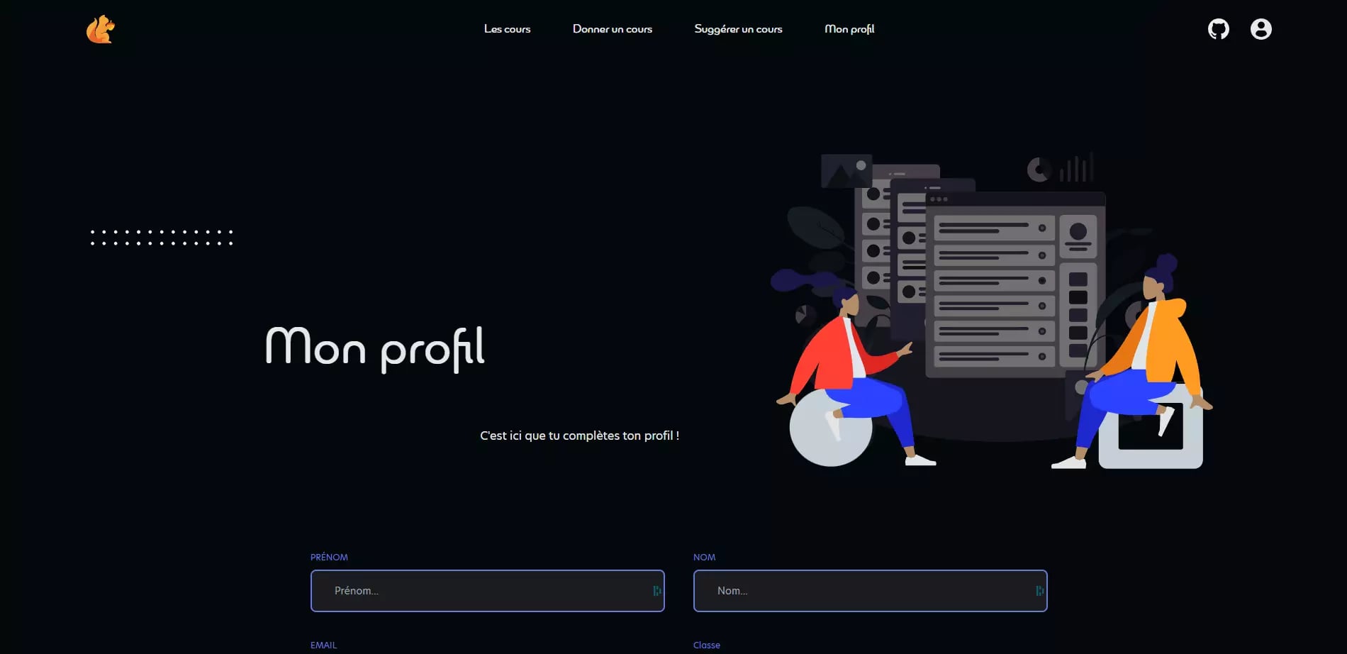 Illustration of a user profile setup page on a website with form fields for first name, last name, email, and class. Two characters are seated in front of a digital-themed background.