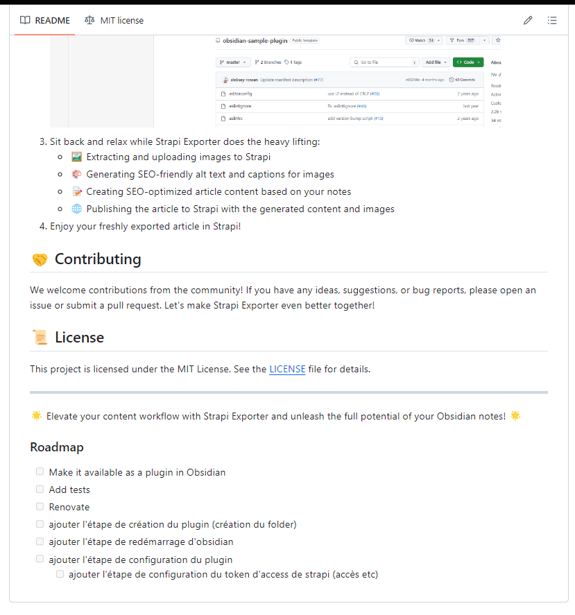 Screenshot of a README file from a GitHub repository containing information about the functions of the 'Strapi Exporter' plugin, setup instructions, contribution guidelines, licensing information, and a roadmap of future tasks.