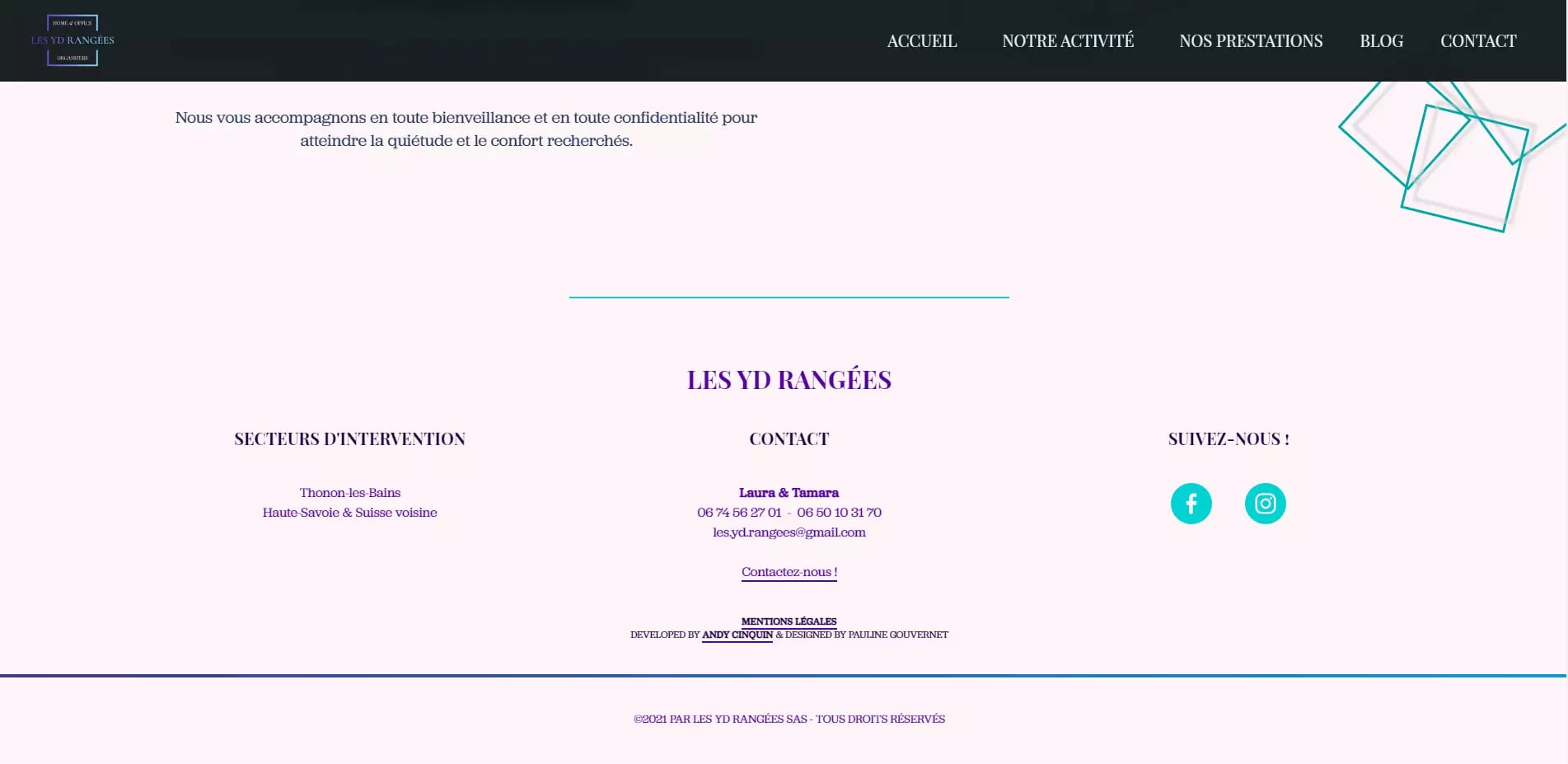 Screenshot of a French website for Les YD Rangées with contact information, service regions, and social media icons.
