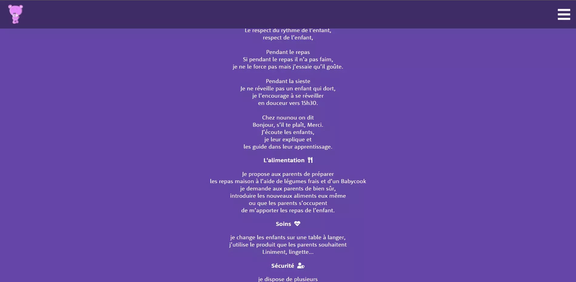 Webpage in French outlining childcare principles and policies including respecting child's rhythm, mealtime and naptime routines, use of polite language, dietary guidelines, hygiene care, and safety measures