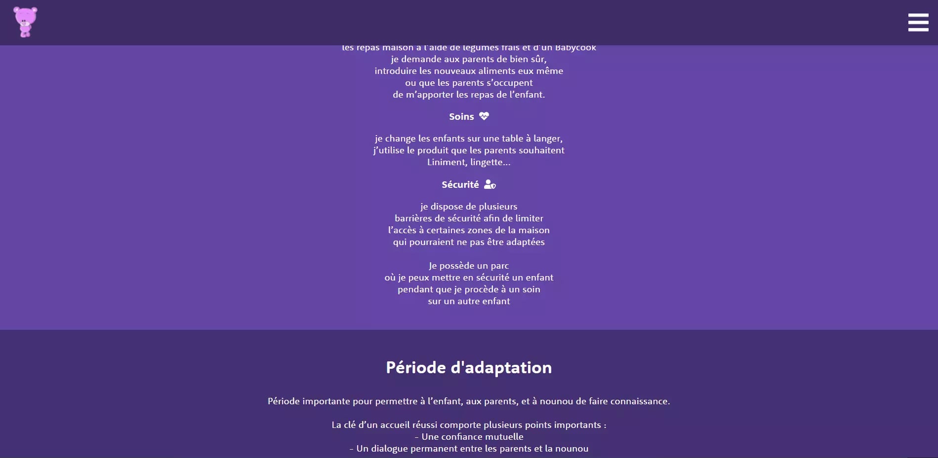Purple webpage in French with text about childcare, meal preparation, child care procedures, safety measures, and adaptation period. Includes bear and hamburger menu icons.