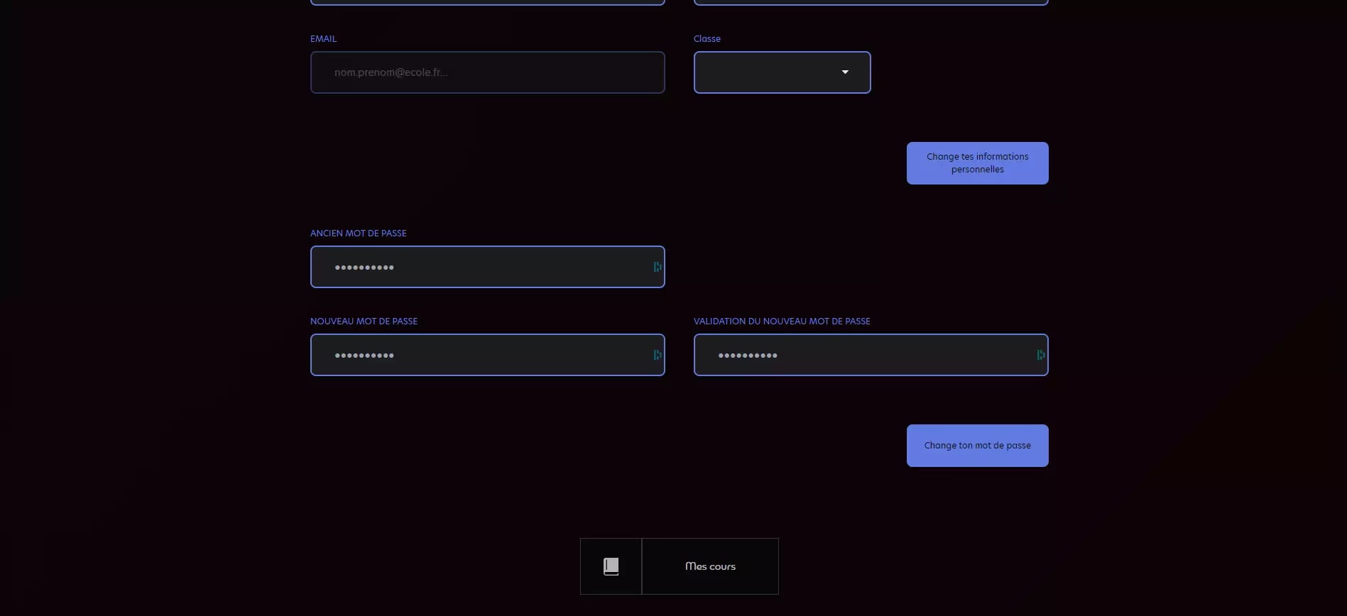User interface for an online platform showing fields for inputting email, class, old password, new password, and confirmation of new password.