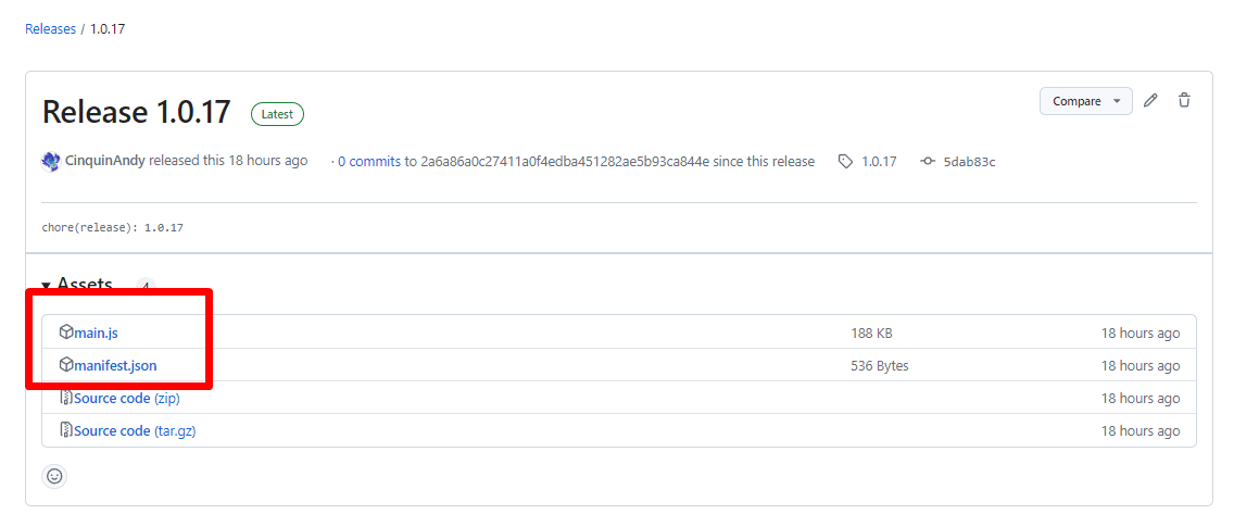 Screenshot of software release page showing version 1.0.17 on version control platform with important assets 'main.js' and 'manifest.json' highlighted.