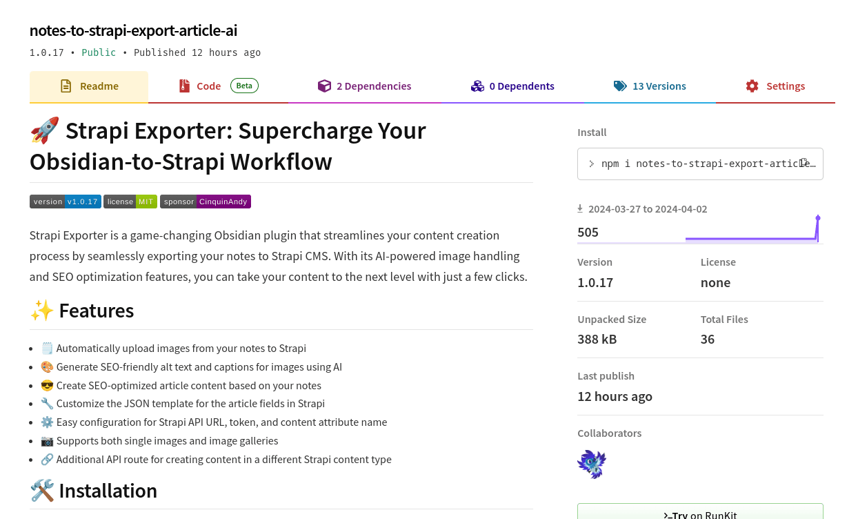 Webpage screenshot of the Strapi Exporter software plugin for exporting notes from Obsidian to Strapi CMS. Features include AI-powered image handling and SEO optimization.