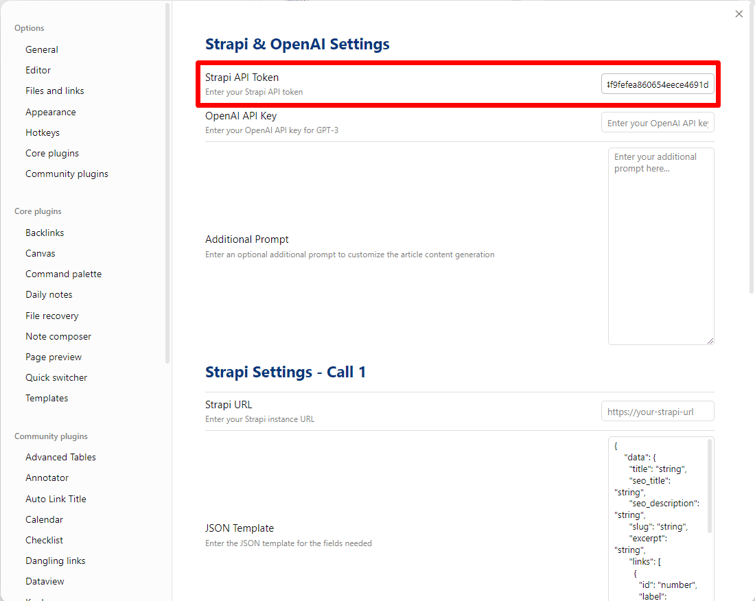Software interface displaying settings for Strapi & OpenAI API tokens, content generation customization, Strapi URL, and JSON template