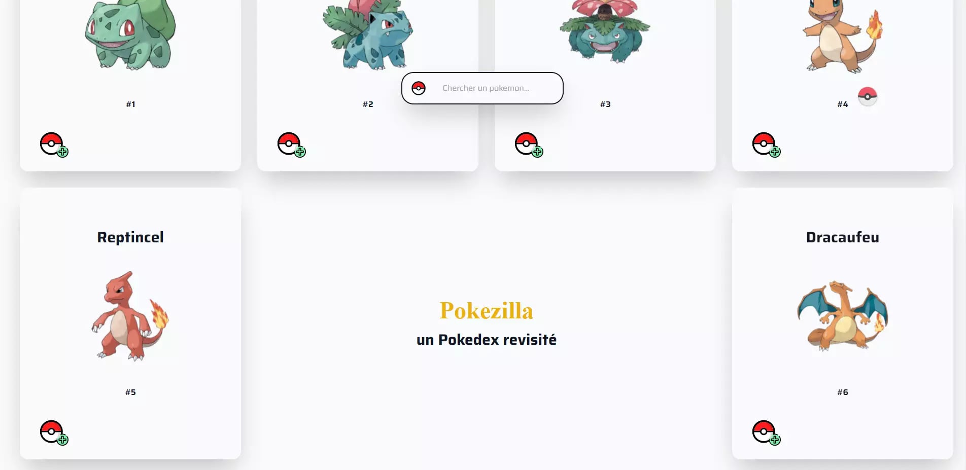 Grid of six cards featuring illustrations of Pokémon characters with numbers and names like Reptincel and Dracaufeu, centered around a title that reads Pokezilla, un Pokedex revisité.