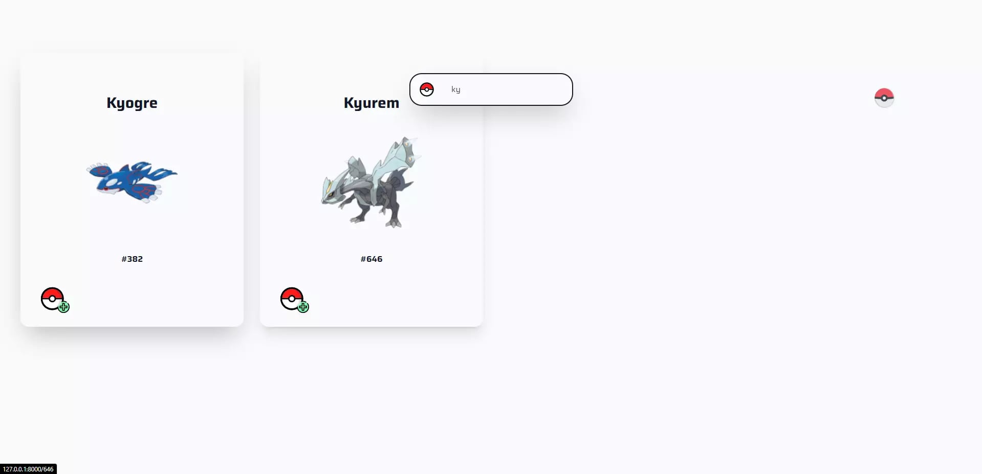 Kyogre and Kyurem Pokémon cards displayed on a digital interface with a search bar and Poké Ball icon