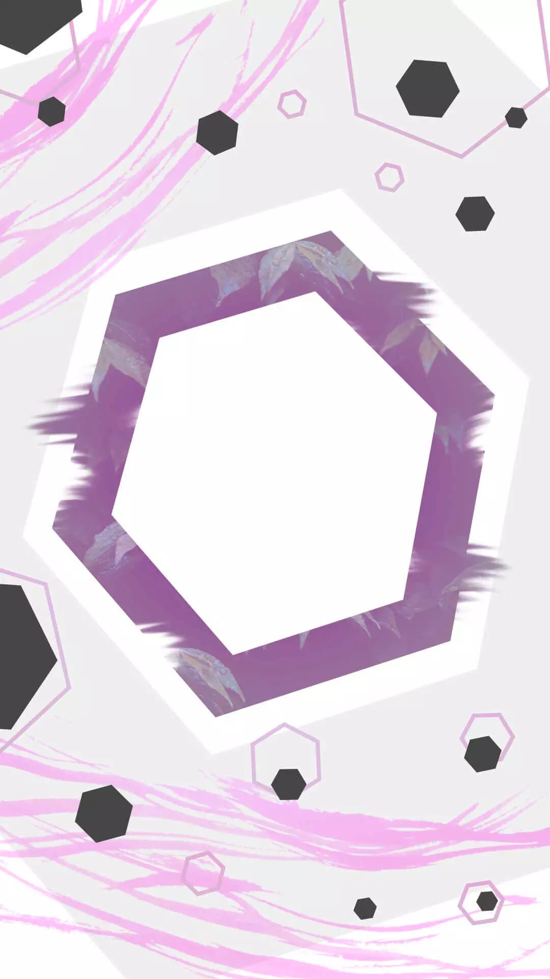 Abstract purple hexagonal design with pink brush strokes on white background