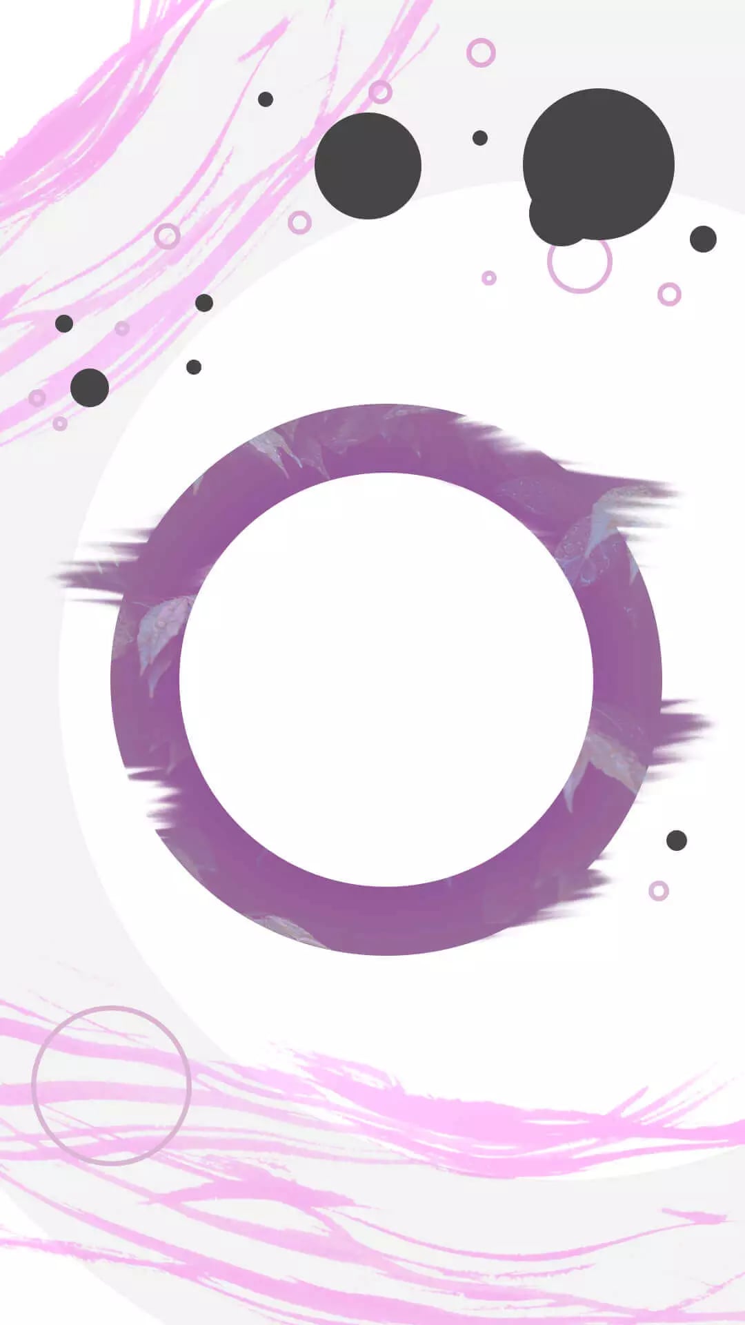 Abstract purple circular shape surrounded by dynamic pink brush strokes, black and pink circles, and rings on a white background
