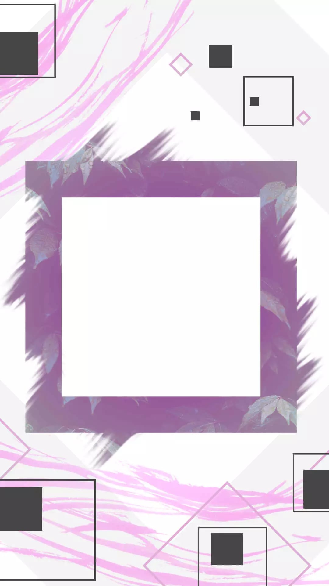 Abstract geometric design with central white space surrounded by purple and pink brush strokes and overlaying geometric shapes in modern artistic style