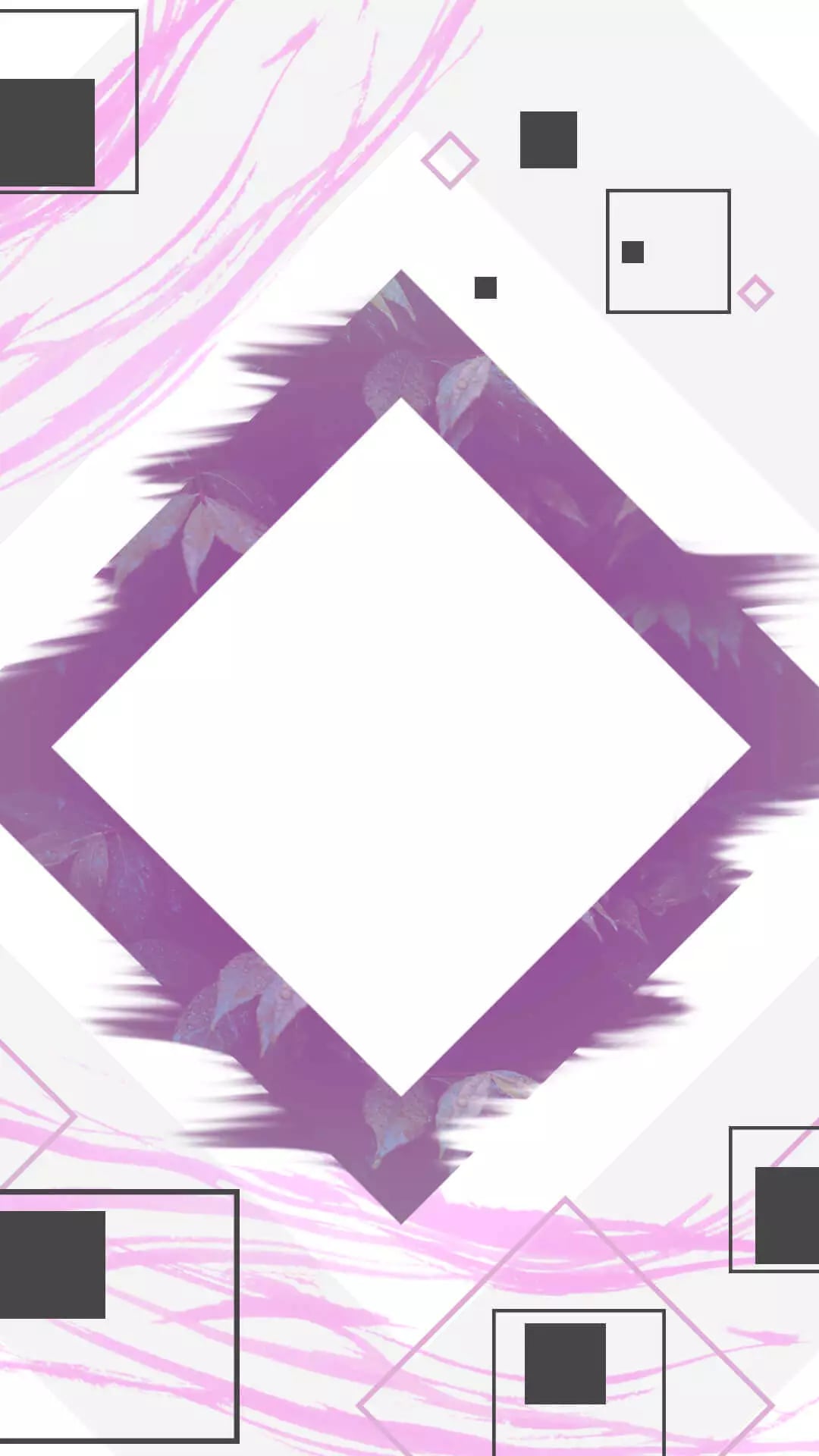 Stylized graphic design featuring a central white diamond surrounded by purple brush strokes and leaf patterns, with black rectangles and squares scattered on the edges