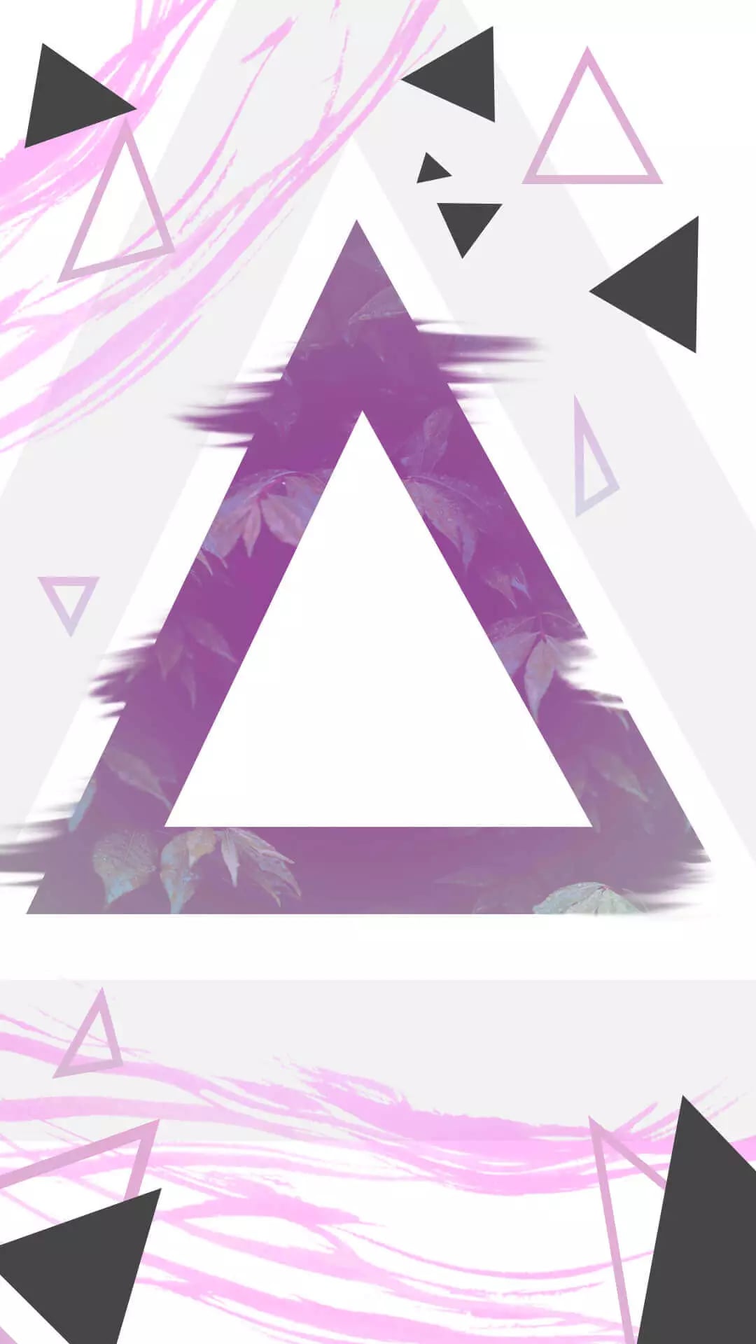 Modern abstract design with purple triangles and leafy plant pattern overlay on purple brushstroke background