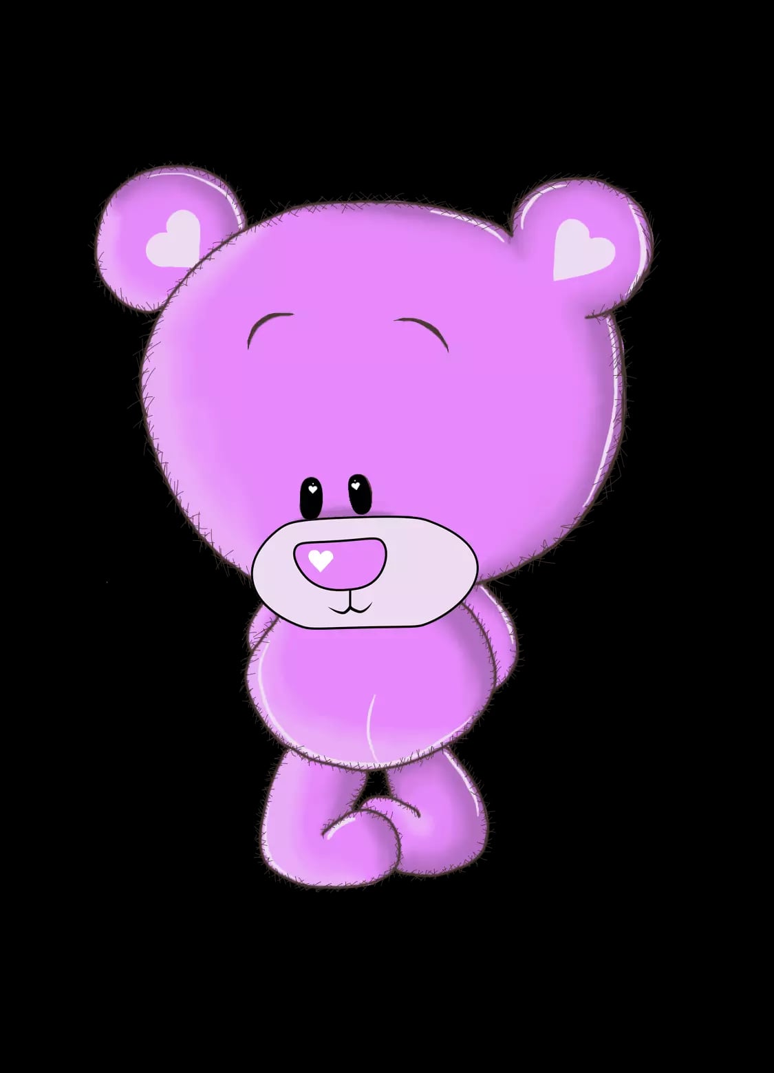 A cute pink teddy bear with a heart on its nose and hearts in its ears, on a black background