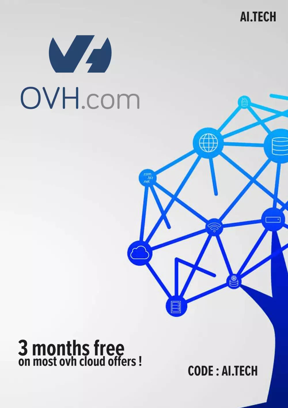 Promotional advertisement for OVH.com featuring a network diagram with cloud storage, global connectivity, and data icons, along with text offering 3 months free on most OVH cloud offers with discount code AI.TECH.