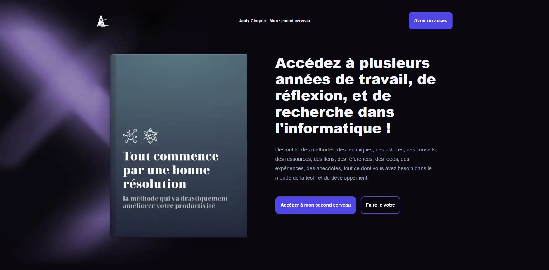 Webpage with dark theme featuring a book cover and French text promoting access to years of work, reflection, and research in computer science.