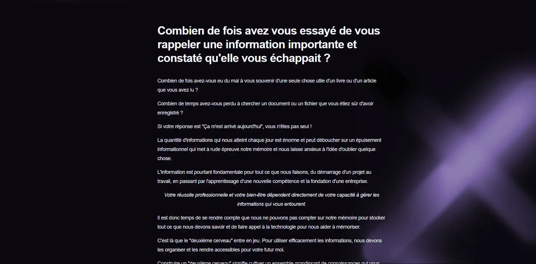 French text discussing importance of managing information for professional success and well-being on black background with purple highlights
