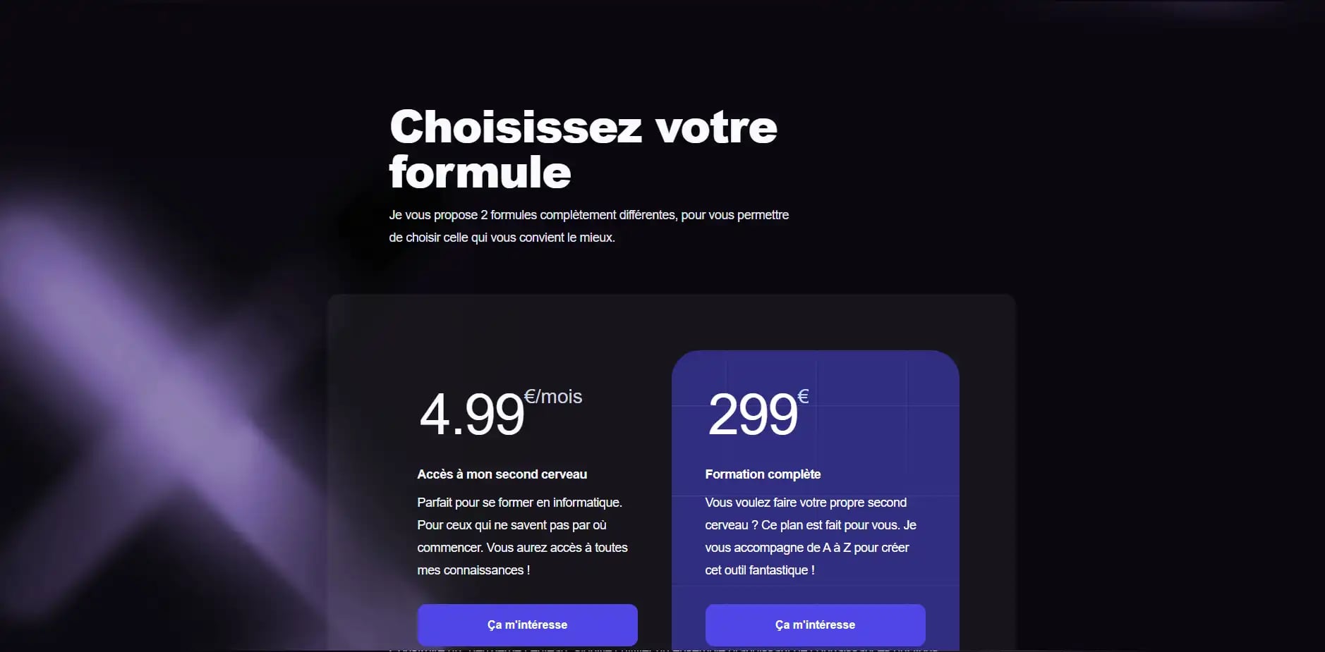 Webpage with dark background and purple accents displaying two subscription plans in French for creating a 'second brain'