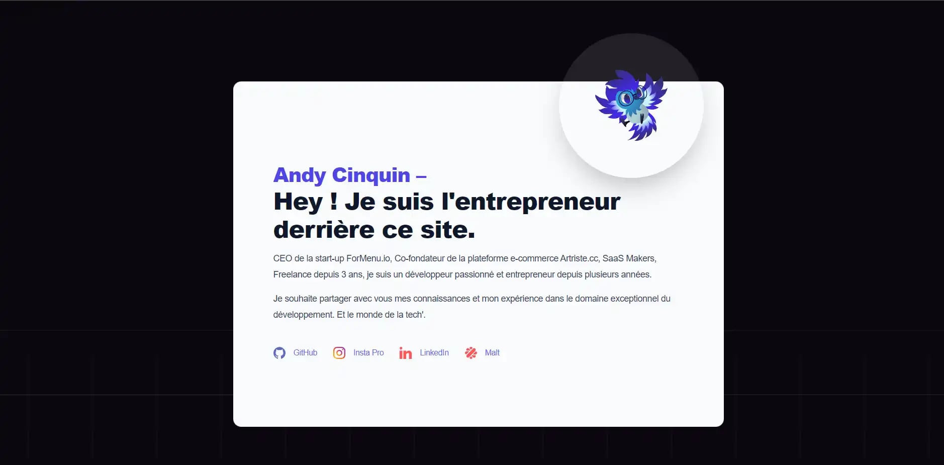 Professional webpage featuring entrepreneur Andy Cinq-Mars with dark background and colorful graphic logo.