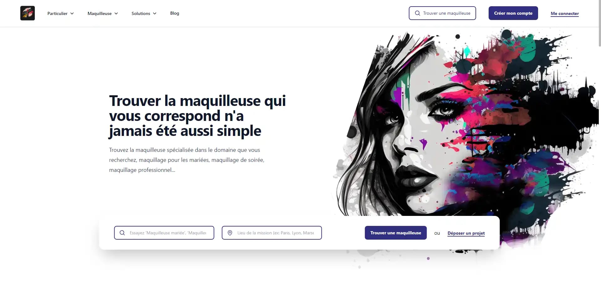 Webpage search interface in French for finding makeup artists with artistic rendering of a woman's face with colorful paint splashes