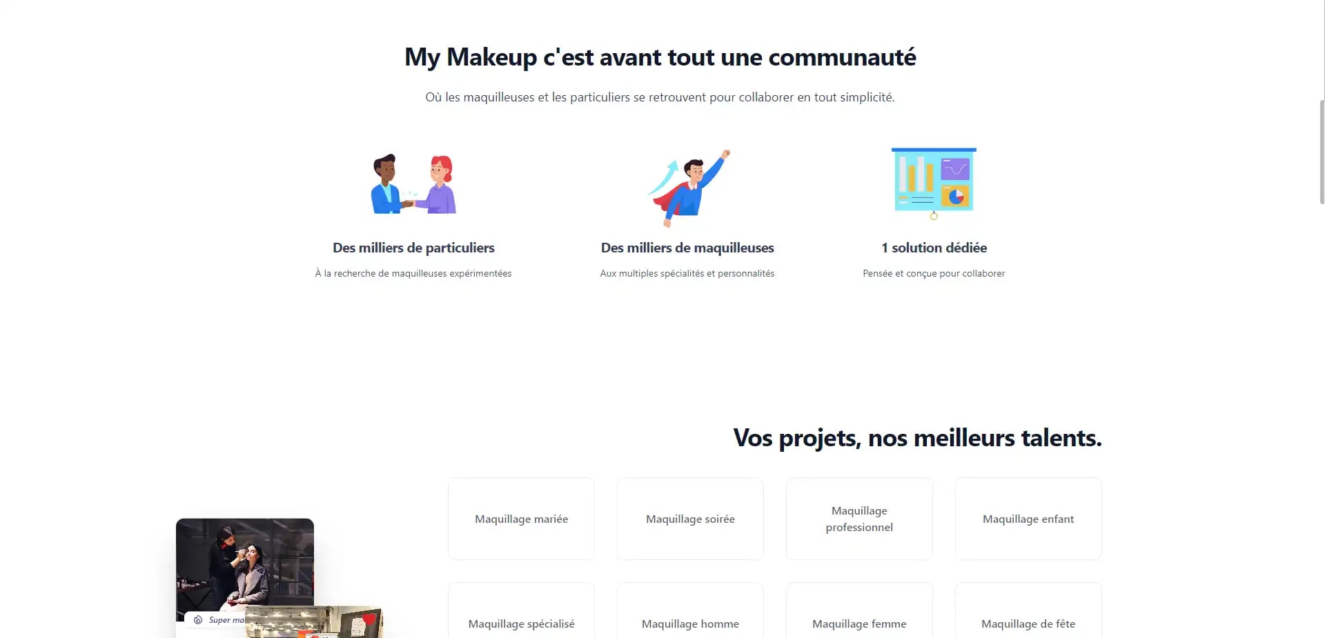 Screenshot of a webpage titled 'My Makeup is above all a community' featuring illustrated icons and makeup service descriptions.