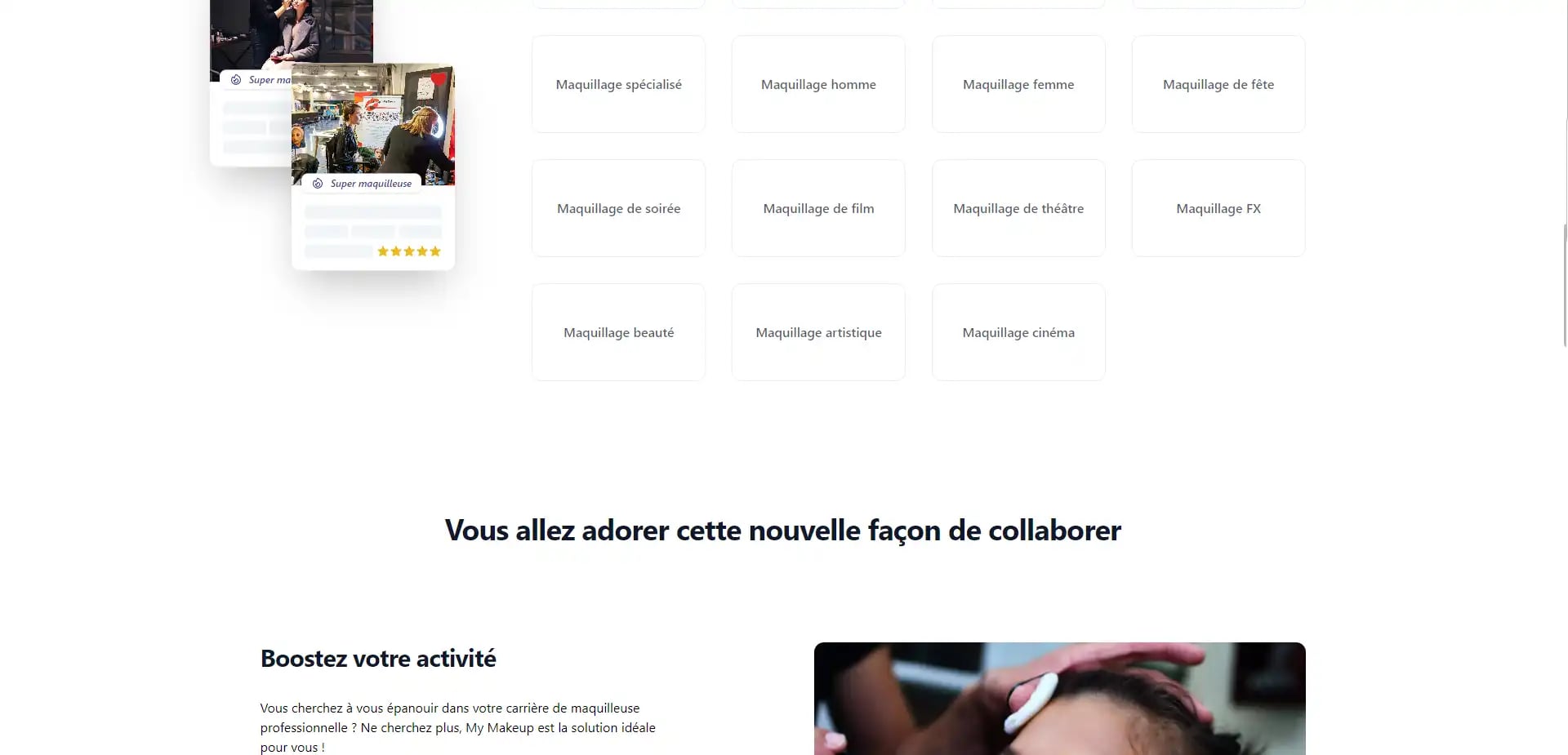 Screenshot of a French webpage featuring makeup-related categories and services, including a popup window with a five-star rating and a person applying makeup to another individual.