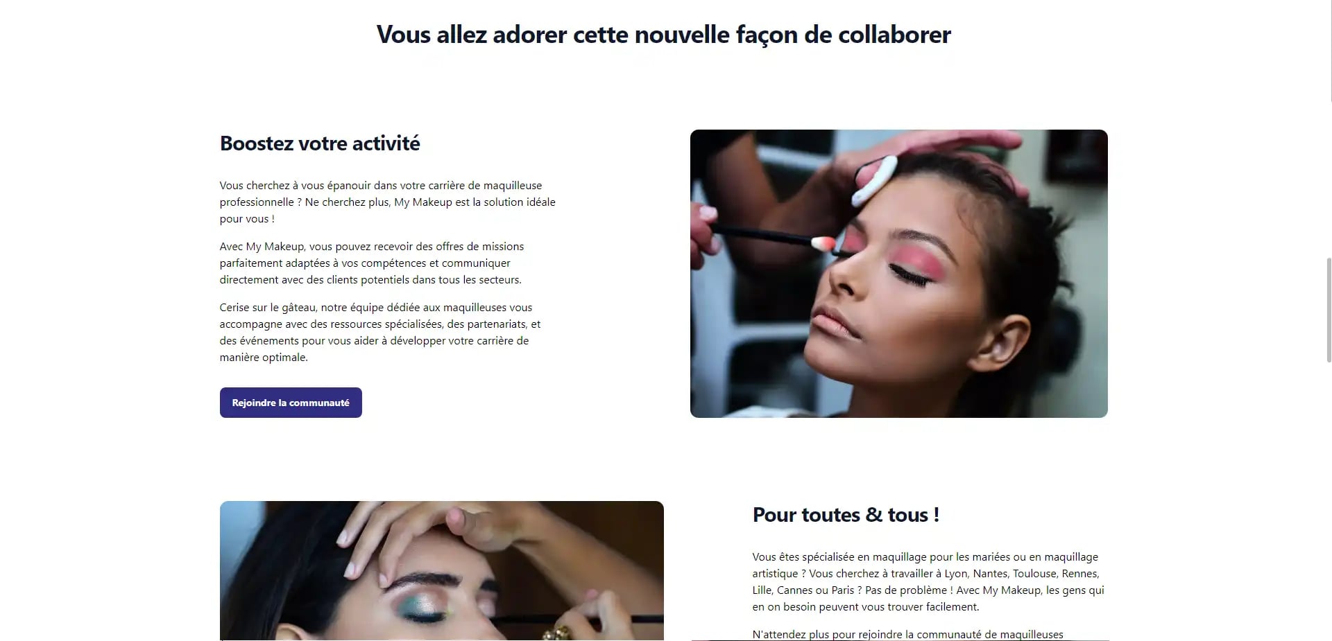 French webpage screenshot advertising My Makeup platform for makeup artists to expand their career by connecting with clients