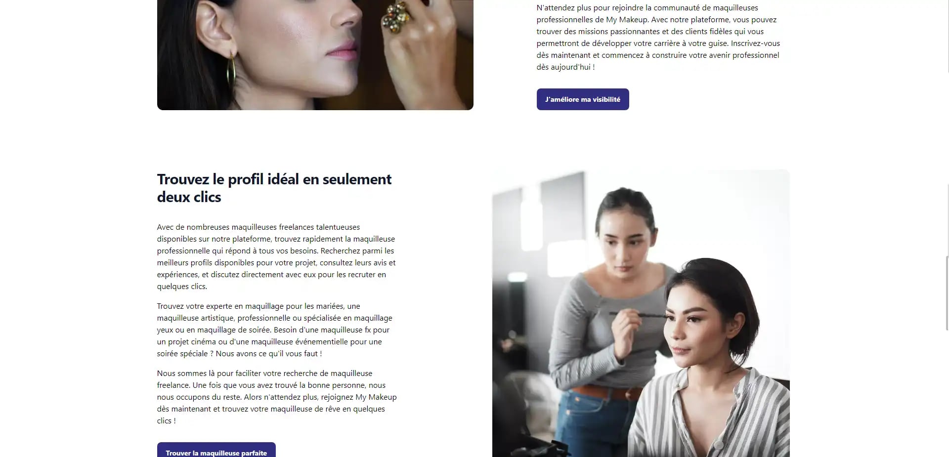 Close-up of person putting on earring with focus on makeup, blurred background of one person doing makeup on another. French text promoting freelance makeup artist platform.