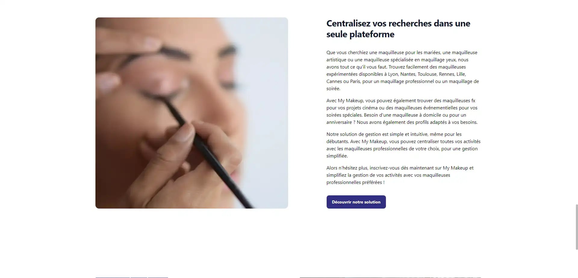 Blurred close-up of a person applying makeup with a brush near the eye, with text on the right suggesting centralizing makeup artist searches on a single platform
