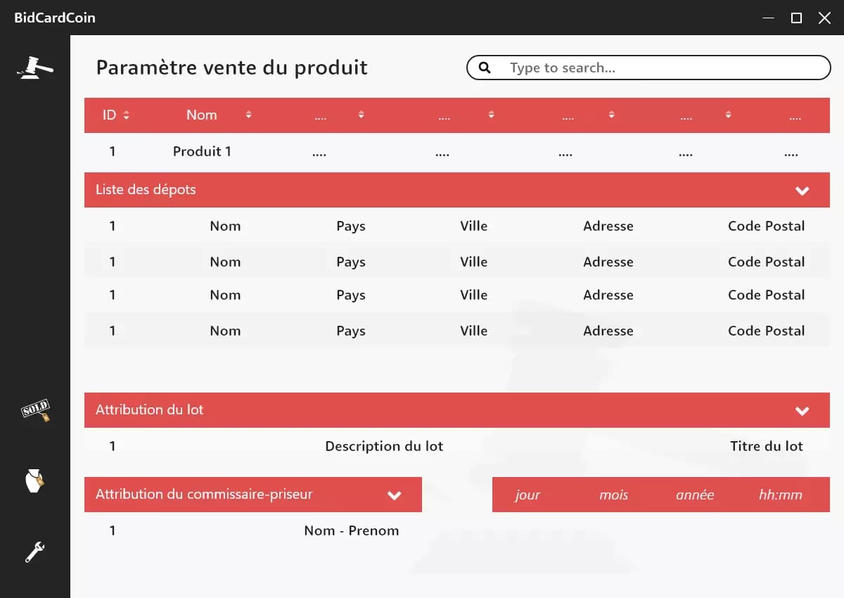 Screenshot of BidCardCoin software interface in French displaying tables and fields for product sales parameters.