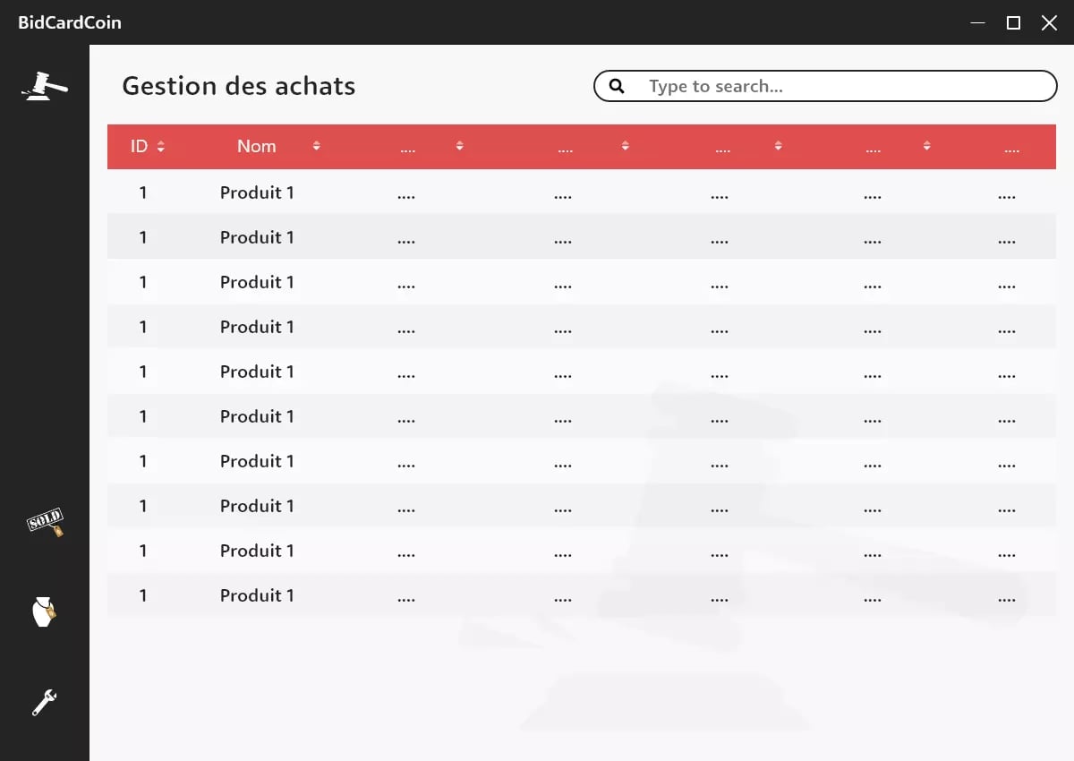 Mockup of BidCardCoin software's Purchase Management interface with table displaying Product 1 data