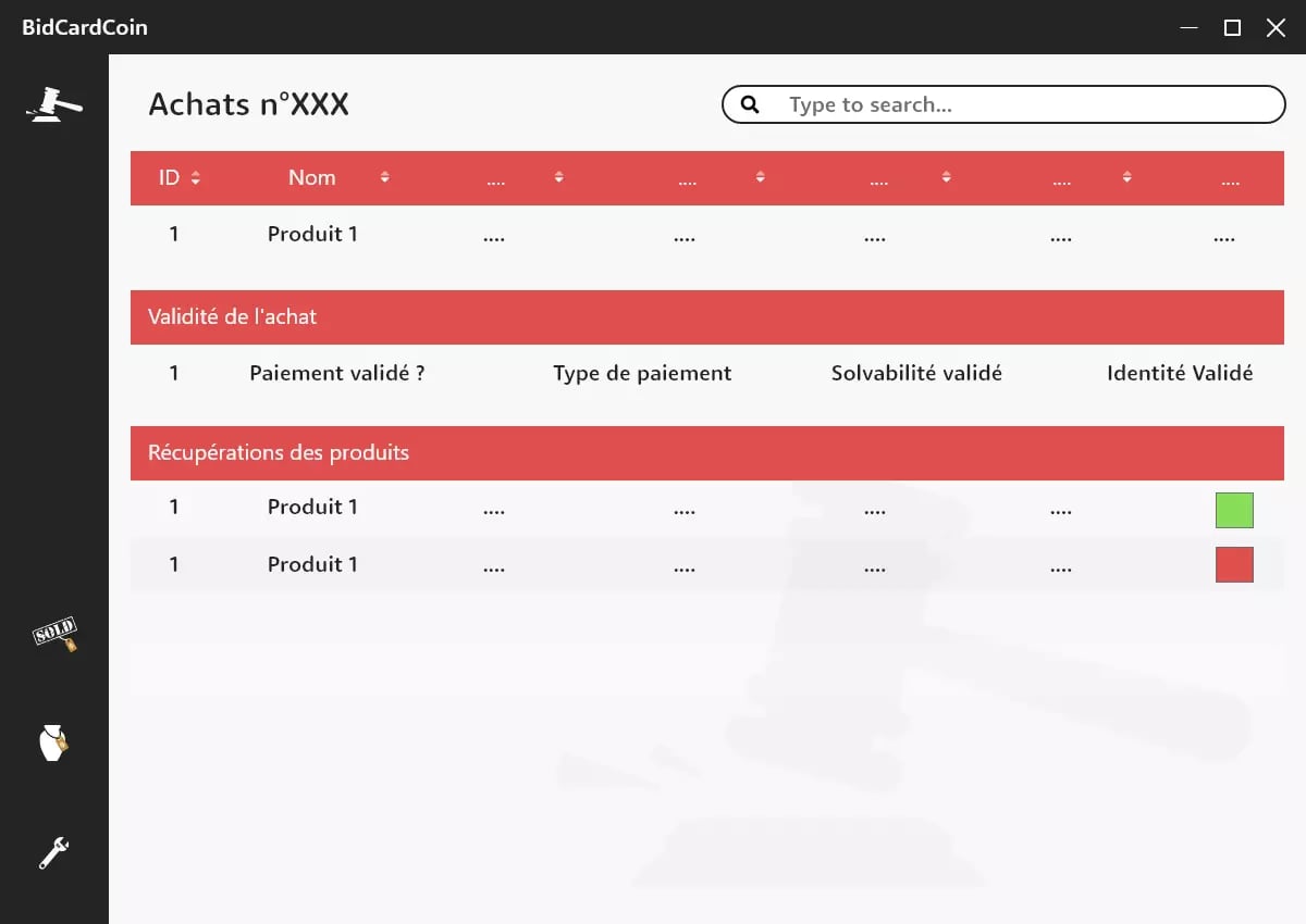 Screenshot of BidCardCoin user interface displaying purchase order details and indicators for product recovery status.