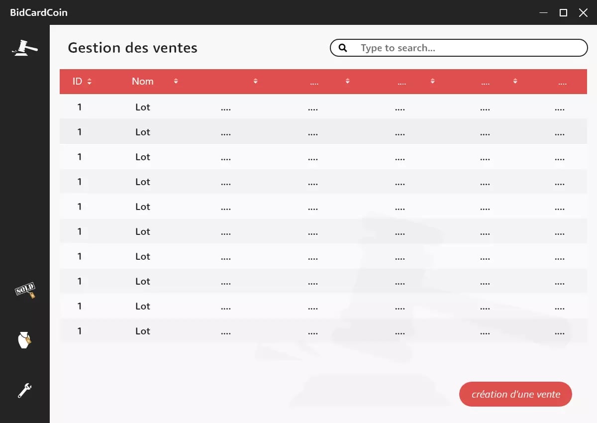 Table displaying sales management interface with ID, name, and create a sale button in BidCardCoin application